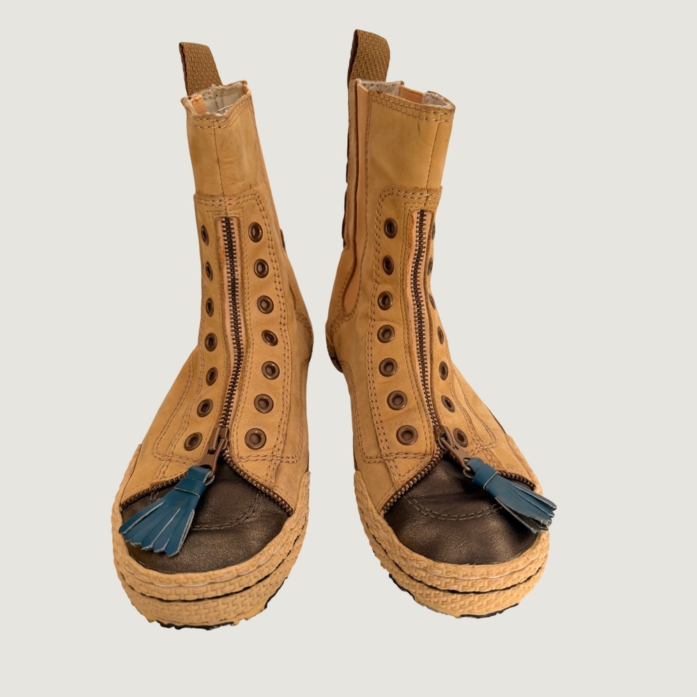 VTG Triple Five Soul Tan Zip Front Tassel Mid Calf Boots Bronze Toe Sneaker Sz 8